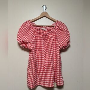 Belle Poque Gingham Peasant Top Red White Check Puff Sleeve Elastic Neckline XL
